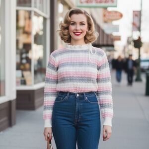 VINTAGE striped ruffle collar sweater M